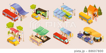 Isometric public city transport stop isolated set. Town waiting station for passenger transportation 88607800