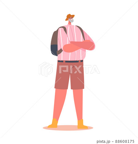 Trendy Pensioner Walking with Backpack, Old Grey Haired Male Character Wear Fashionable Clothes Isolated on White 88608175