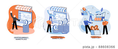 Cryptocurrency marketplace design with man crypto trader works with laptop. Bitcoin transactions metaphor Cryptocurrency marketplace design with man crypto trader works with laptop. Bitcoin transactions metaphor 88608366