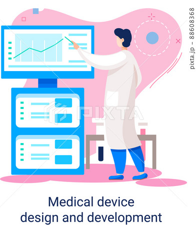 Medical device design and development banner with scientist develop research software and program 88608368