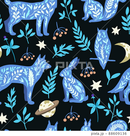Seamless pattern with mystic wild animals in doodle boho scandinavian style, owl, wolf and rabbit with stars and plant elements. Seamless pattern with mystic wild animals in doodle boho scandinavian style, owl, wolf and rabbit with stars and plant elements. 88609136