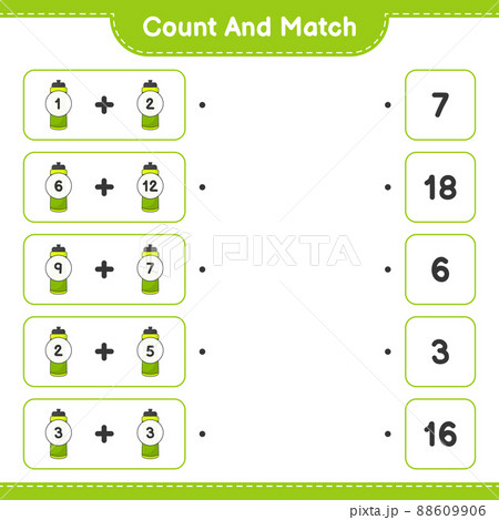 Count and match, count the number of Sport Water Bottle and match with the right numbers. Educational children game, printable worksheet, vector illustration Count and match, count the number of Sport Water Bottle and match with the right numbers. Educational children game, printable worksheet, vector illustration 88609906
