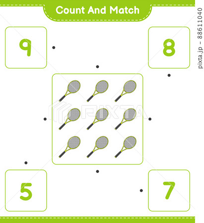 Count and match, count the number of Tennis Racket and match with the right numbers. Educational children game, printable worksheet, vector illustration Count and match, count the number of Tennis Racket and match with the right numbers. Educational children game, printable worksheet, vector illustration 88611040