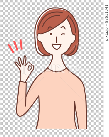 A woman wearing pink clothes and giving an okay sign with her finger 88611341