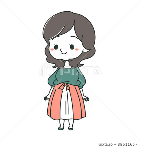 おだやかな微笑みを浮かべるプラスサイズ女子のイラスト 緑系のイラスト素材