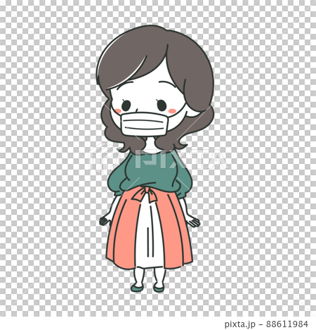 マスクを付けたプラスサイズ女子のイラスト 緑系 マスクを付けたプラスサイズ女子のイラスト 緑系 88611984