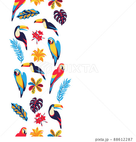 Seamless pattern with macaw parrot, toucan and tropical plants. Exotic decorative birds, flowers anf leaves. Seamless pattern with macaw parrot, toucan and tropical plants. Exotic decorative birds, flowers anf leaves. 88612287