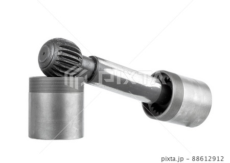hydraulic pistons polytherm pump on dumbbell with gear and male thread iron detail concrete pump spare part object isolated on white background. hydraulic pistons polytherm pump on dumbbell with gear and male thread iron detail concrete pump spare part object isolated on white background. 88612912