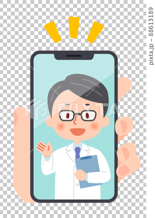 Remote medical treatment screen on a smartphone Illustration of a male doctor 88613189
