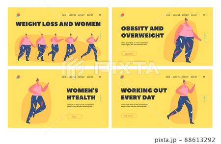 Weight Loss Landing Page Template Set. Transformation Stages of Obese Woman Turn into Healthy Body, Sport Training Weight Loss Landing Page Template Set. Transformation Stages of Obese Woman Turn into Healthy Body, Sport Training 88613292