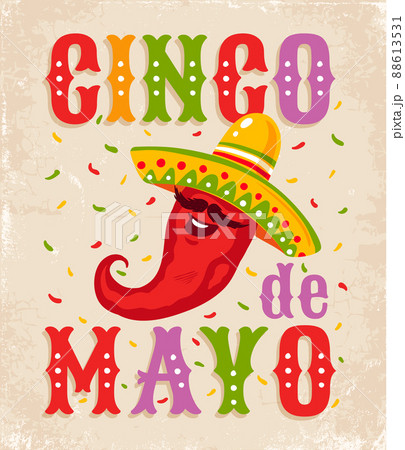 Vector poster on old paper for Cinco de mayo with red mexican chilli. Chili in sombrero. Cinco de mayo festive. Vector poster on old paper for Cinco de mayo with red mexican chilli. Chili in sombrero. Cinco de mayo festive. 88613531