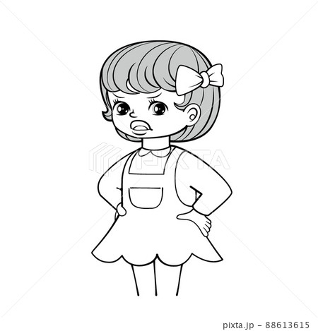 両手を腰に当てて怒る 昭和テイストの女の子 モノクロのイラスト素材