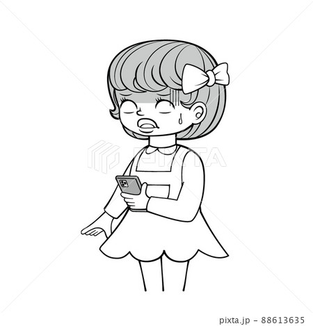 スマホトラブル_昭和テイストの女の子_モノクロ 88613635
