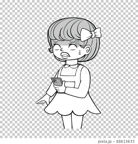 スマホトラブル_昭和テイストの女の子_モノクロ 88613635