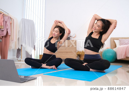 Couple women exercise and living lifestyle at home. Couple women exercise and living lifestyle at home. 88614847