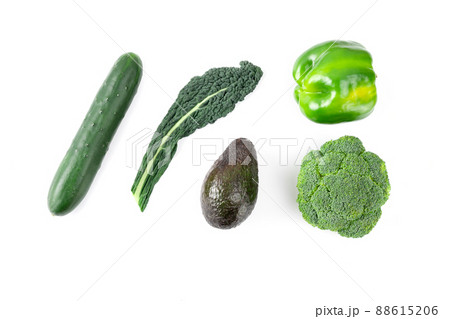 Layout made of green vegetables and fruits, kale, broccoli, bell pepper, cucumber, avocado 88615206