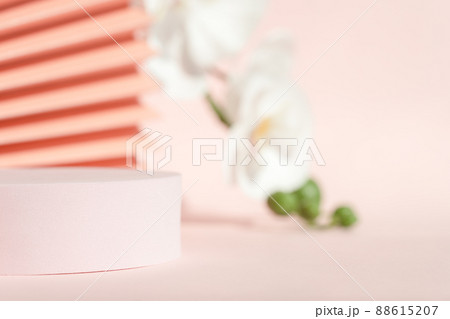 Podium stand pedestal for product presentation, coral pink mockup for branding. 88615207