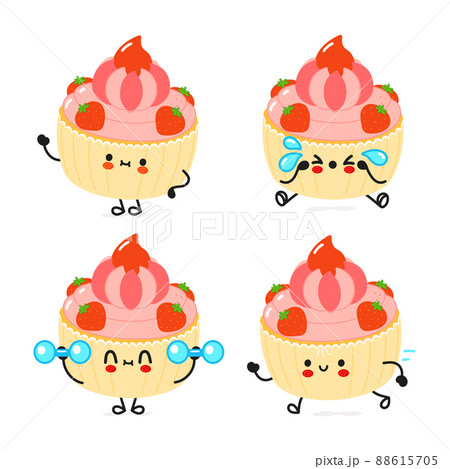 Funny cute happy cake characters bundle set. Vector hand drawn doodle style cartoon character illustration icon design. Cute happy cake mascot character collection 88615705