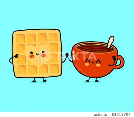 Cute, funny happy cup of coffee and waffles character. Vector hand drawn cartoon kawaii characters, illustration icon. Funny happy cartoon cup of coffee and waffles friends concept 88615707