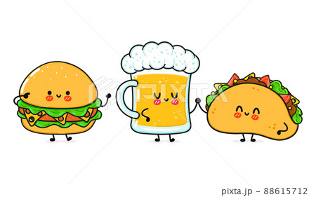 Cute, funny happy glass of beer, taco and hamburger . Vector hand drawn cartoon kawaii characters, illustration icon. Funny happy cartoon glass of beer taco and hamburger mascot friends concept 88615712