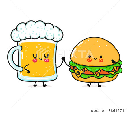 Cute, funny happy hamburger and beer. Vector hand drawn cartoon kawaii characters, illustration icon. Funny happy cartoon hamburger and beer mascot character concept 88615714