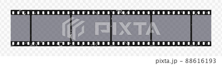 Grunge film strip on transparent background. Retro scratched camera photo roll. Old filmstrip with perforation, border or frame with place for pictures. Vector illustration 88616193