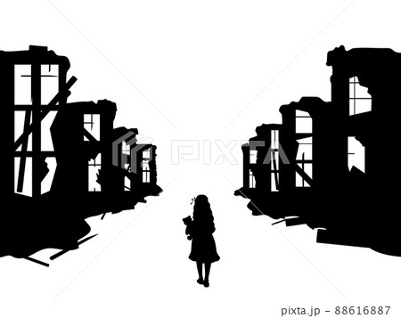 Silhouette of child in destroyed city. 88616887