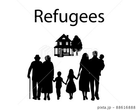 The silhouette of a refugee family migrates. 88616888