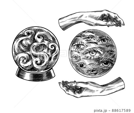 Bohemian magic ball with eyes sketch. Fortune Hands. Vintage engraving Mystical esoteric occult 88617589