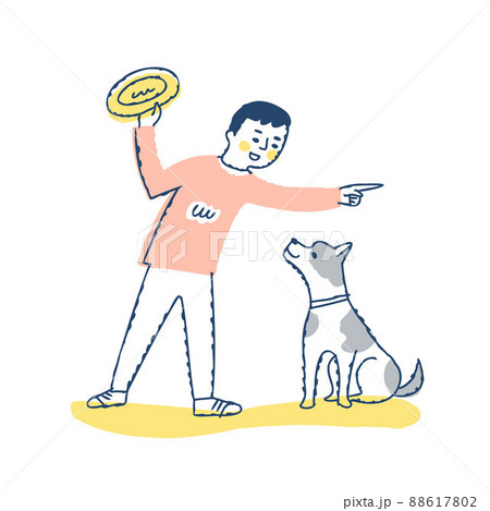 フリスビーで遊ぶ男性と犬 88617802