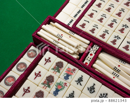The mahjong on table ancient asian board game close up image 88621343
