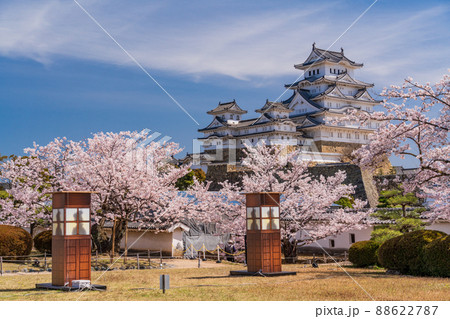 （兵庫県）世界遺産　姫路城　満開の桜、西の丸から望む天守 88622787