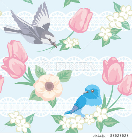 お花と鳥のシームレスパターン。ベクターイラスト素材 88623623