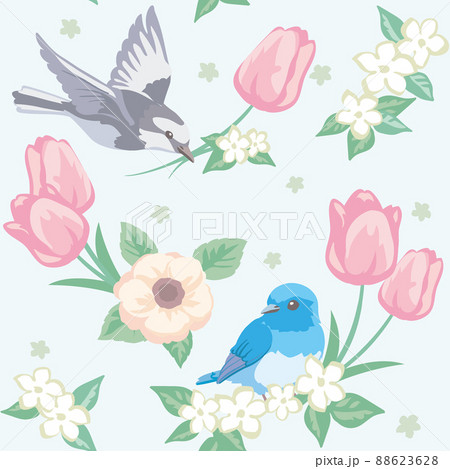 お花と鳥のシームレスパターン。ベクターイラスト素材 88623628