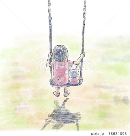 ぬいぐるみと一緒にブランコに乗る女の子のイラスト 88624098