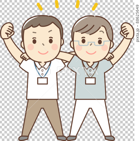 肩を組んでガッツポーズをする男性スタッフ 肩を組んでガッツポーズをする男性スタッフ 88625649