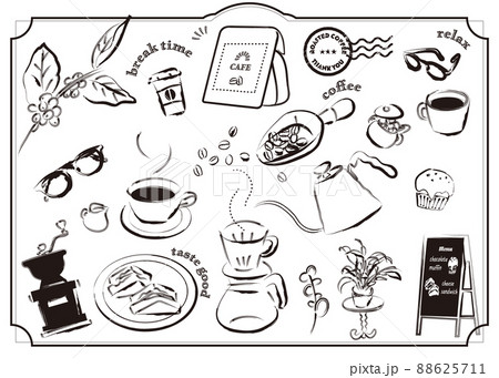 手描き線画のカフェ コーヒー モノクロイラストセット素材 珈琲 カップ おしゃれ スケッチ シンプルのイラスト素材