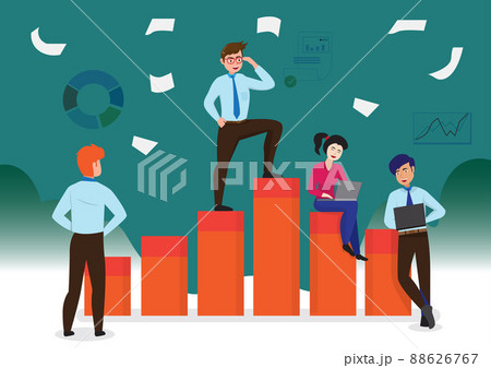 Male and female staff working as a team standing on a bar graph vector illustration 88626767