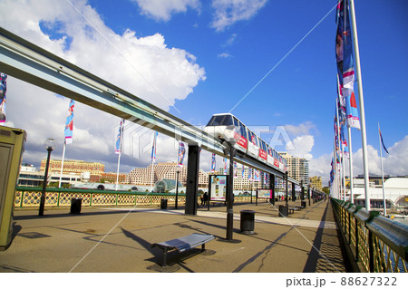 SYDNEY, AUSTRALIA - MARCH 22: A monorail runs above the public street in Sydney on March 22,2012 in Sydney. The monorail is a unique public transport system in Sydneys CBD. 88627322