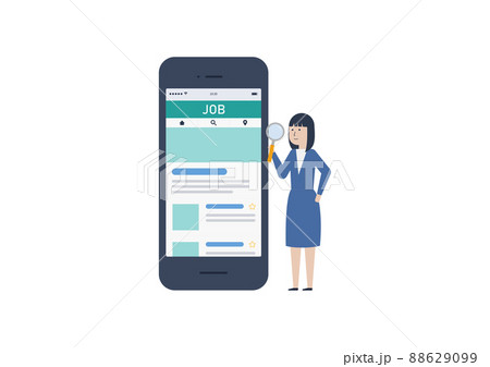 スマートフォンで仕事を探す若い日本人女性のイラスト素材 88629099