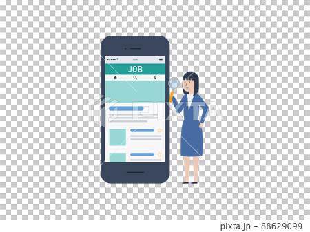 スマートフォンで仕事を探す若い日本人女性のイラスト素材 88629099