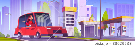 Girl driver on car refueling station, gas refill Girl driver on car refueling station, gas refill 88629538