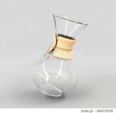 Glass coffeemaker chemex, fastened with wood collar and tie. Elegance transparent carafe in shape of hourglass, isolated on grey background. Alternative way of brewing coffee. Realistic 3d render 88629596