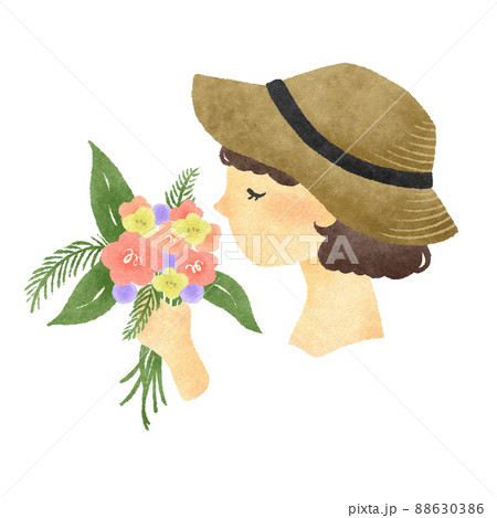 花束を持つ麦わら帽子をかぶった女性の横顔 手描きイラスト素材のイラスト素材