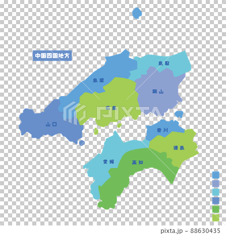 日本の地域図 日本地図 中国四国地方 雨の日カラーで色分けしてみたのイラスト素材