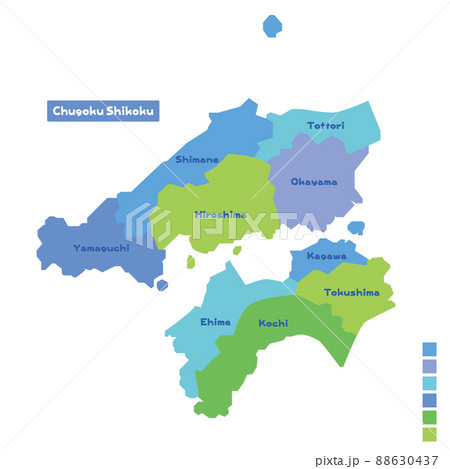 日本の地域図 日本地図 中国四国地方 雨の日カラーで色分けしてみた 英語版 のイラスト素材