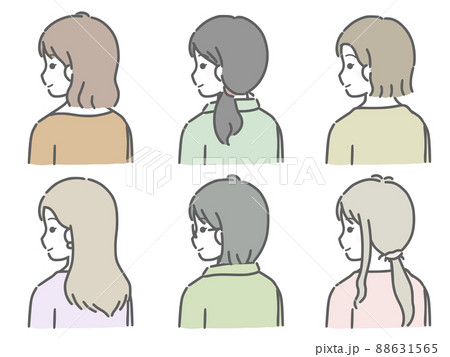 若い女性の斜め後ろ向き上半身セット 私服 のイラスト素材