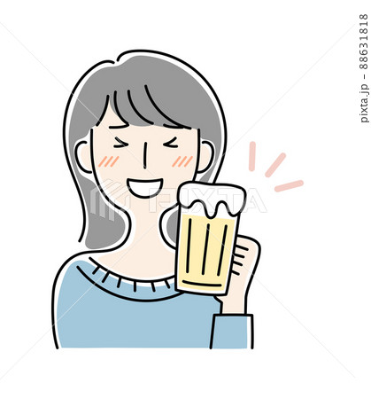 手描き風 ビールを飲む笑顔の女性のベクターイラストのイラスト素材