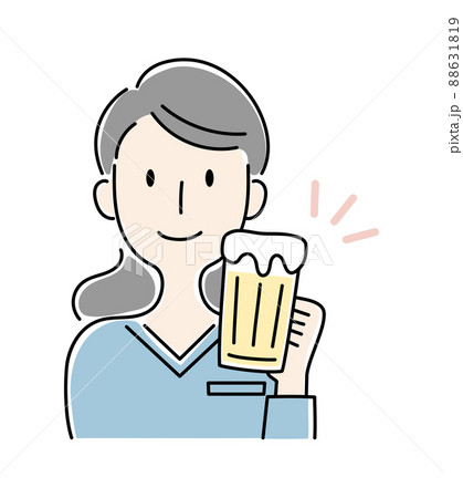 手描き風 ビールを飲む笑顔の女性のベクターイラストのイラスト素材