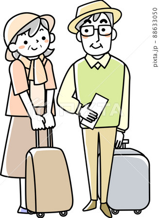 キャリーバッグを引いて旅行に出るシニア夫婦 88633050